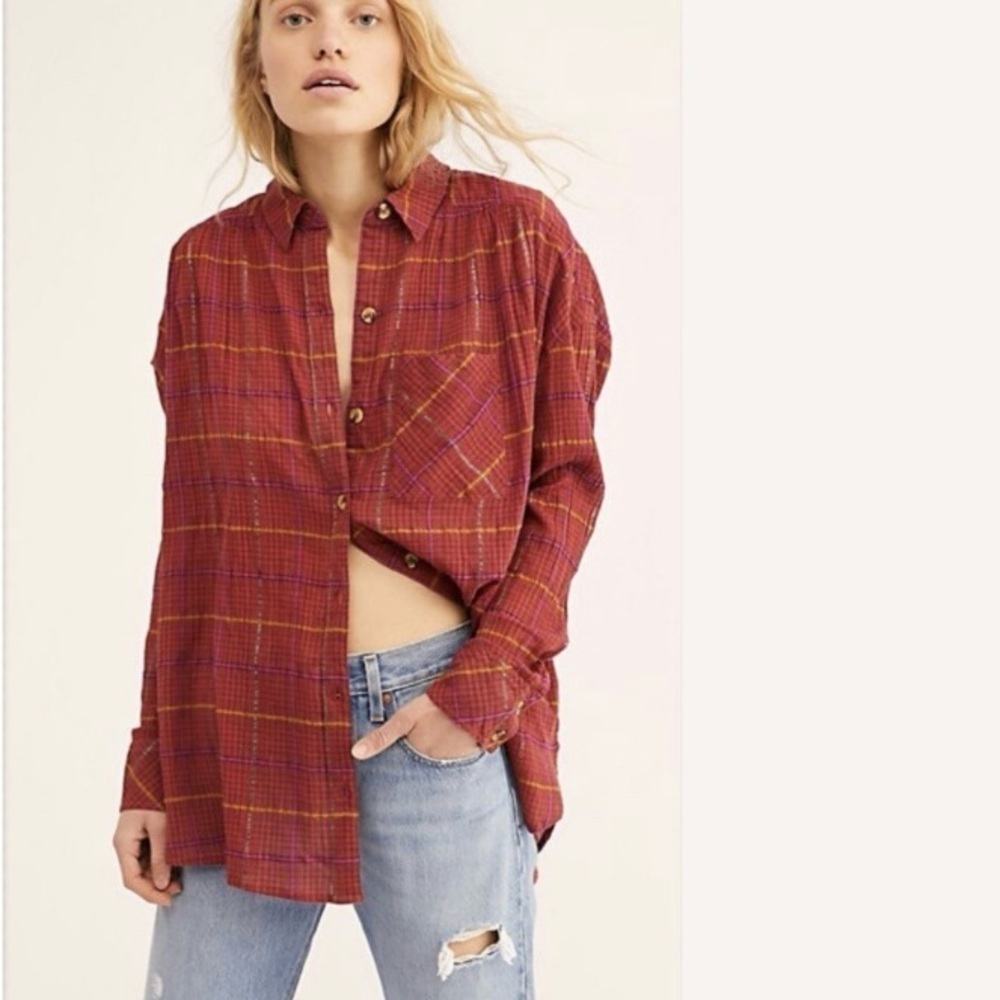 Free People Break My Stride Buttondown Top Shirt Red XSmall - Picture 1 of 10